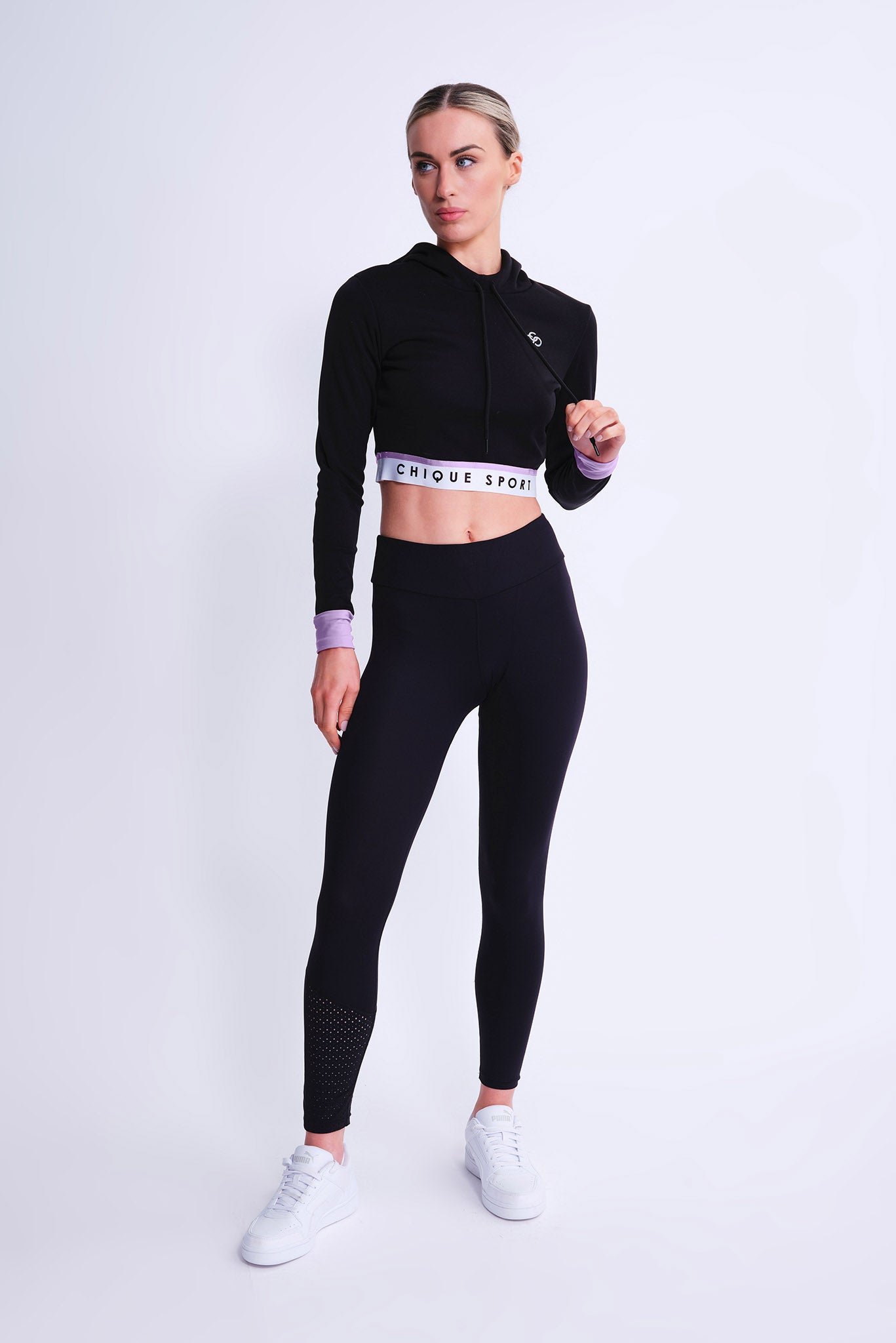 Women's Crop Hoodie in Black & Amethyst | Chique Sport